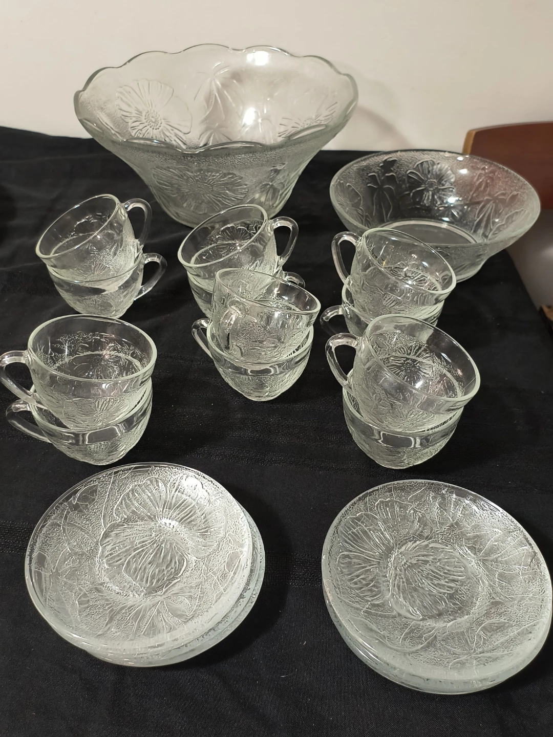 Clear Glass Punch Bowl and Cups Set with Floral Etching - photo 2