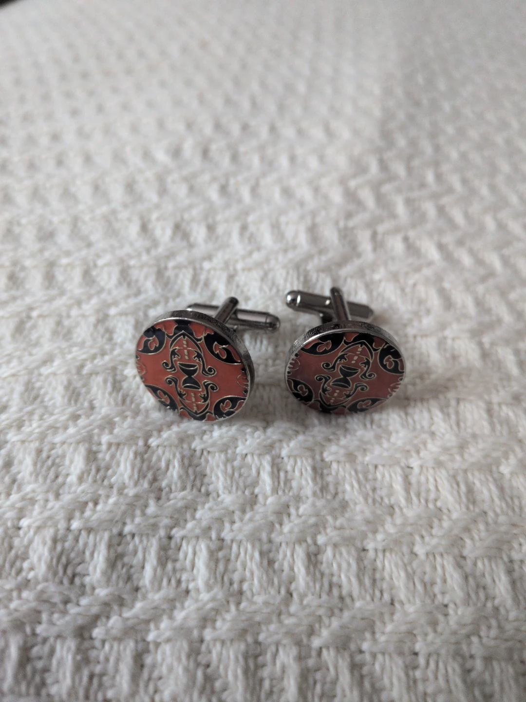 Round Cufflinks with Orange and Navy pattern
