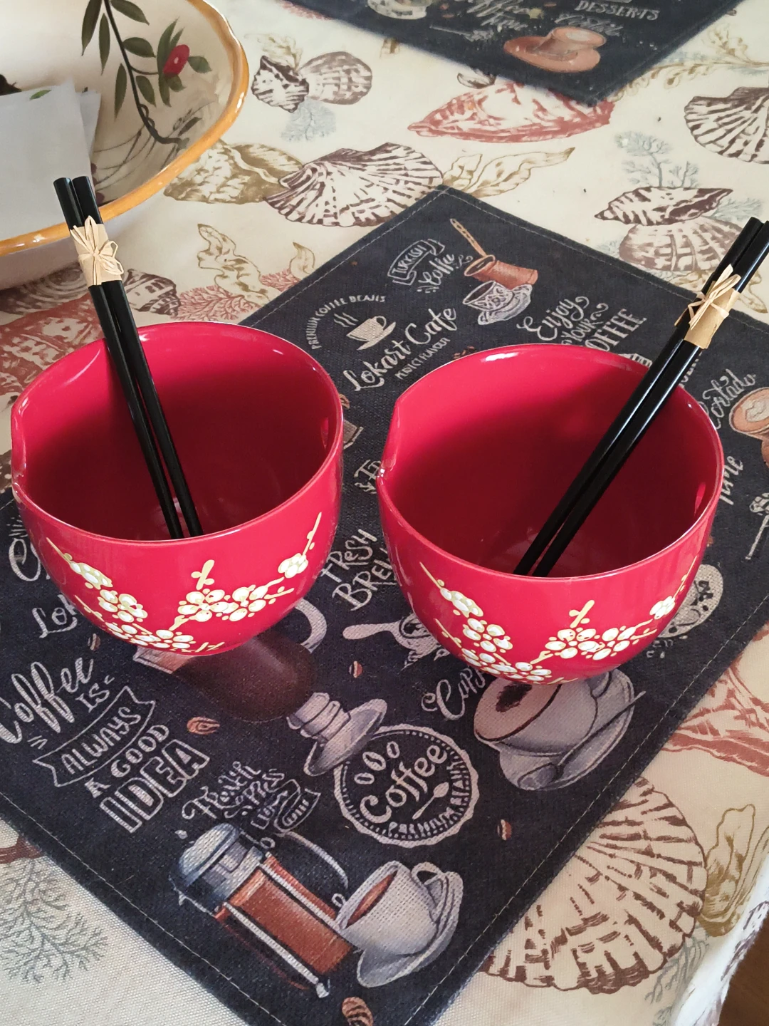 Red Ceramic Bowls with Chopsticks