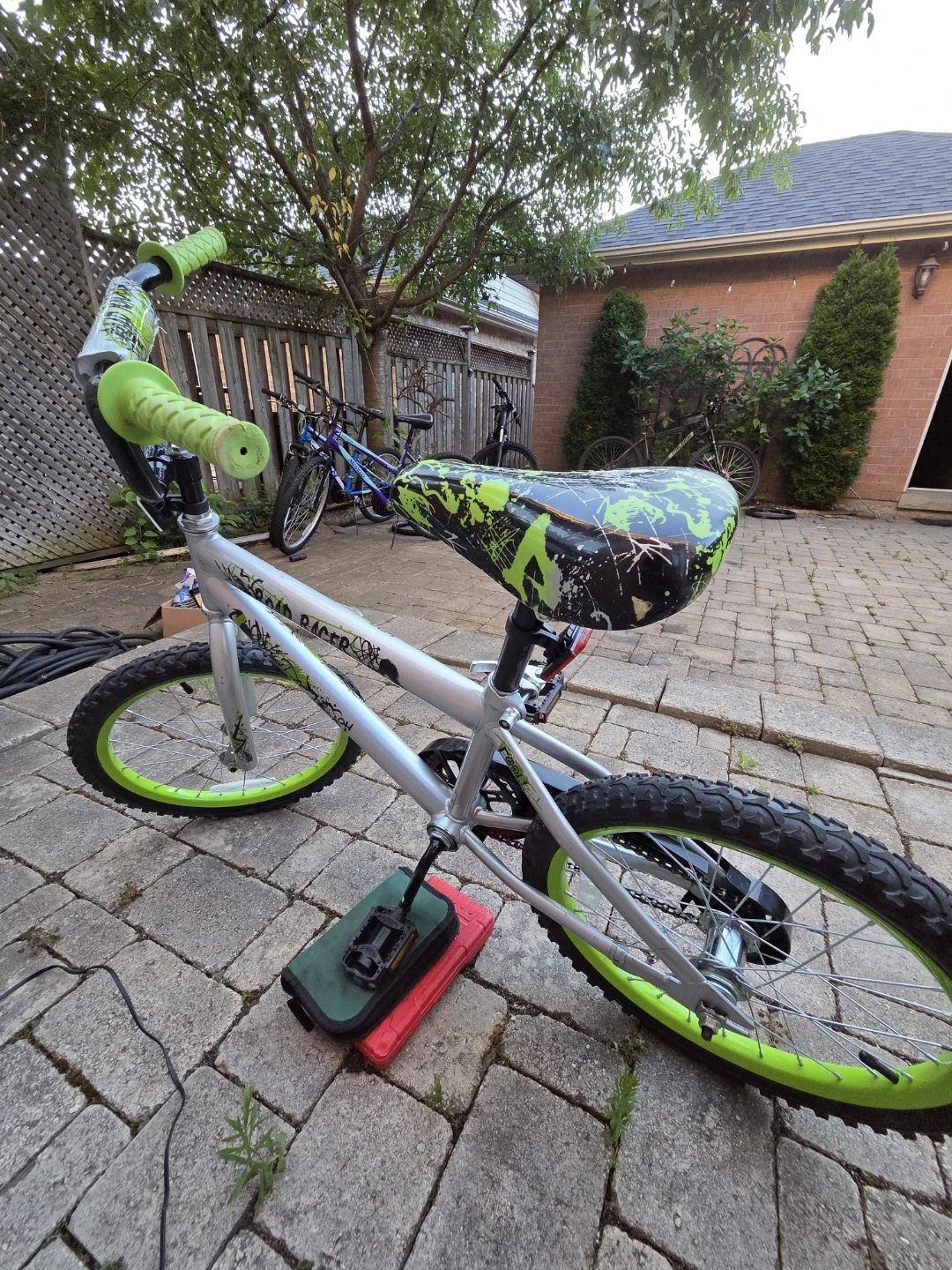 Silver and green kids BMX