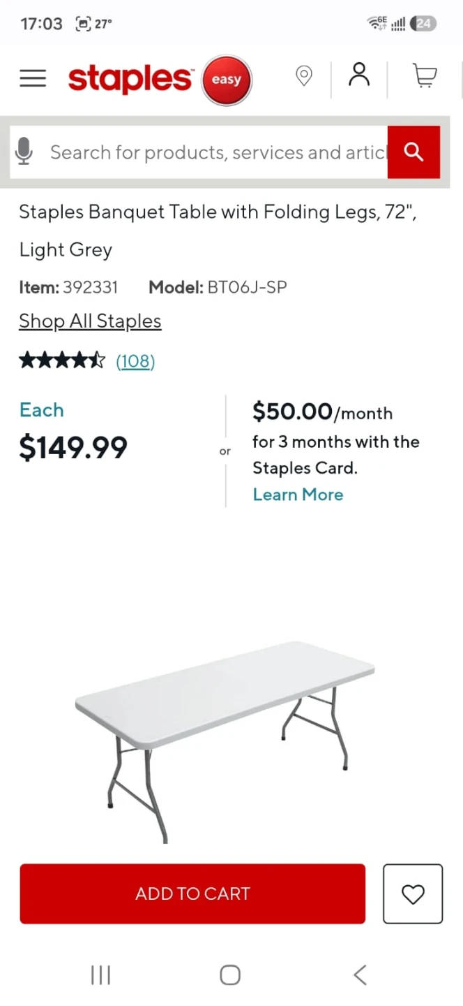 Staples Banquet Table with Folding Legs, 72", Light Grey