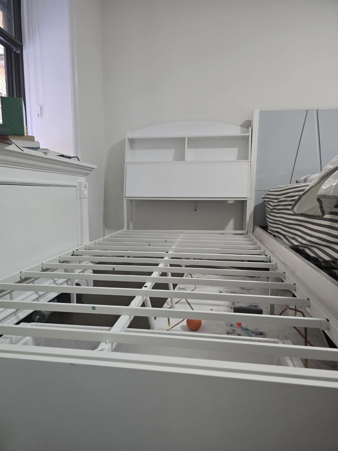 White Twin Bed Frame with Headboard Shelves