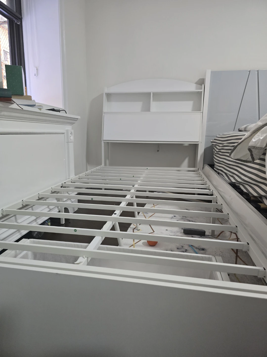 White Twin Bed Frame with Headboard Shelves - photo 3