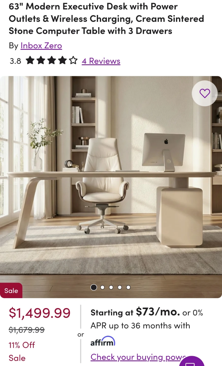 63" Modern Executive Desk with Power Outlets & Charging