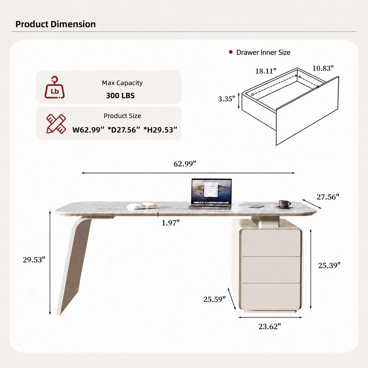 63" Modern Executive Desk with Power Outlets & Charging - photo 4