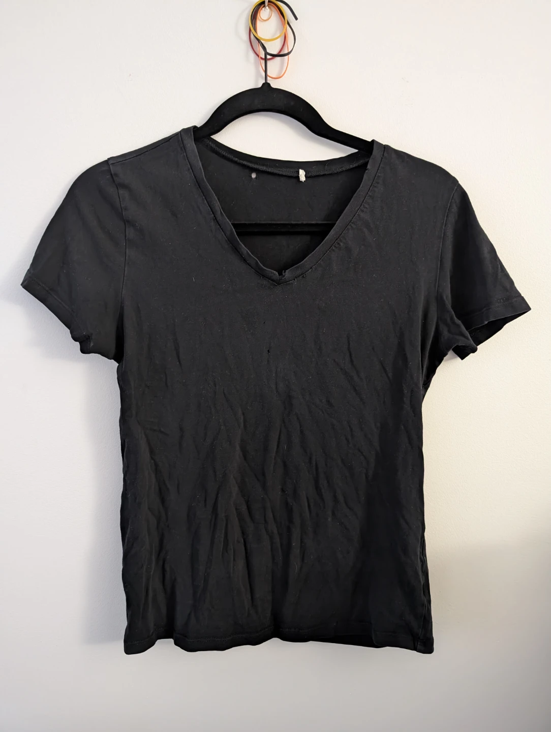 Distressed Black V-Neck Cotton T-Shirt well worn 19" ptp