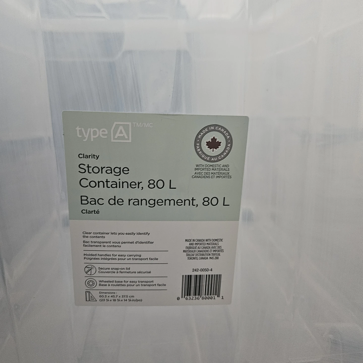 Type A Clarity 80L Storage Container