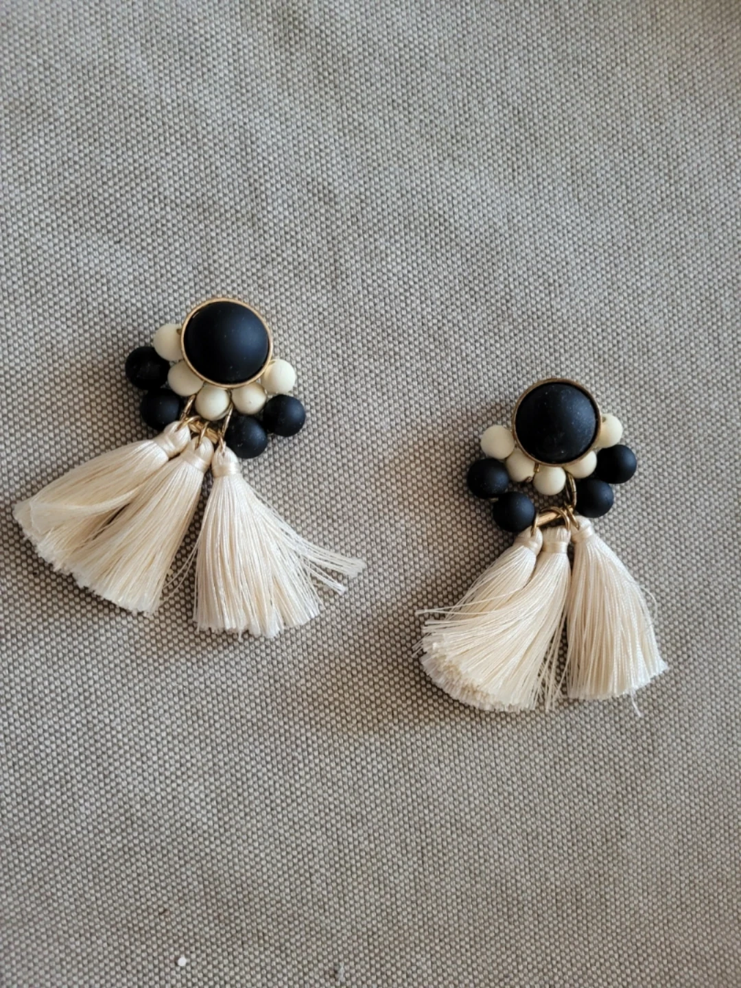 Cream Tassel Earrings with Black & White Beads