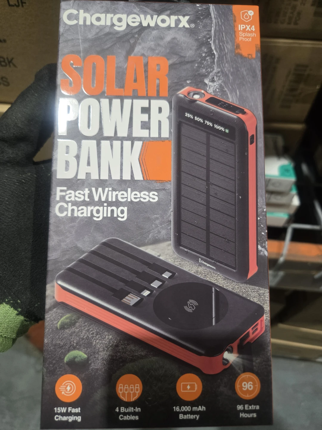 Chargeworx Solar Power Bank 16000 mAh with Built-In Cables
