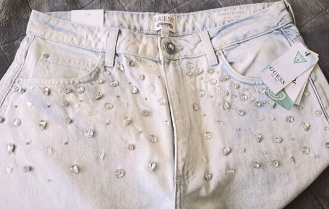 Guess Womans High Rise Mom Jeans with rhinestones - photo 4
