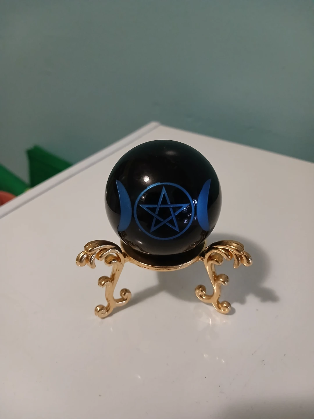 Black Crystal Ball with Pentacle and Triple Moon Stand