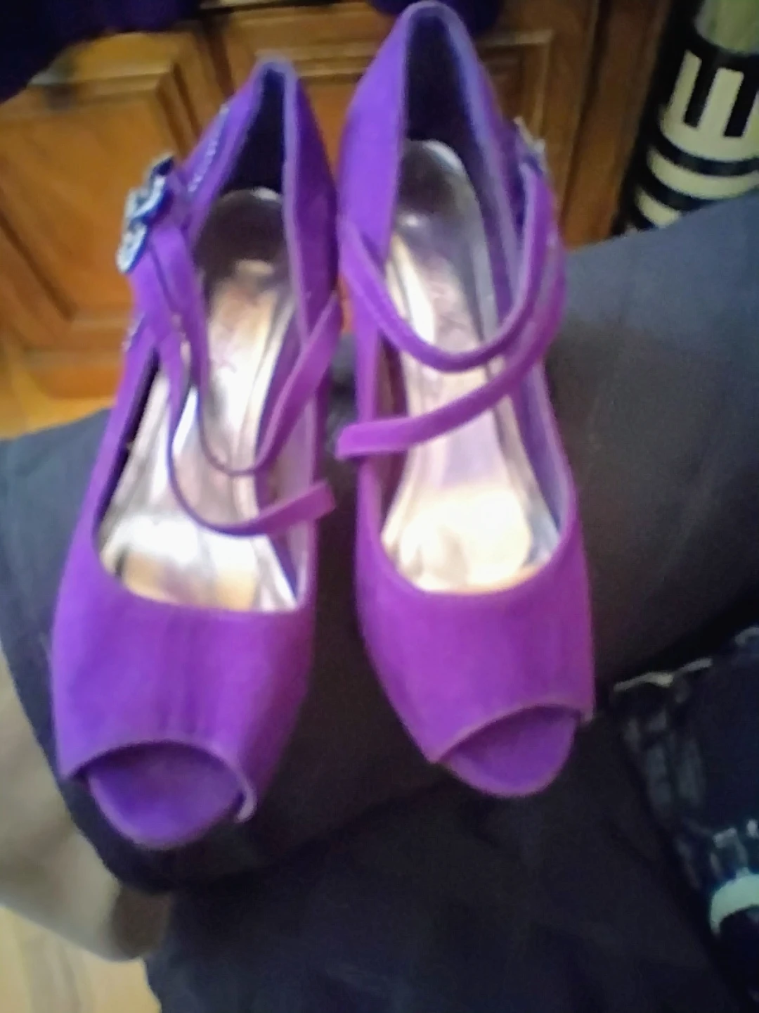 Purple Peep-Toe Heels with Rhinestone Flower Detail