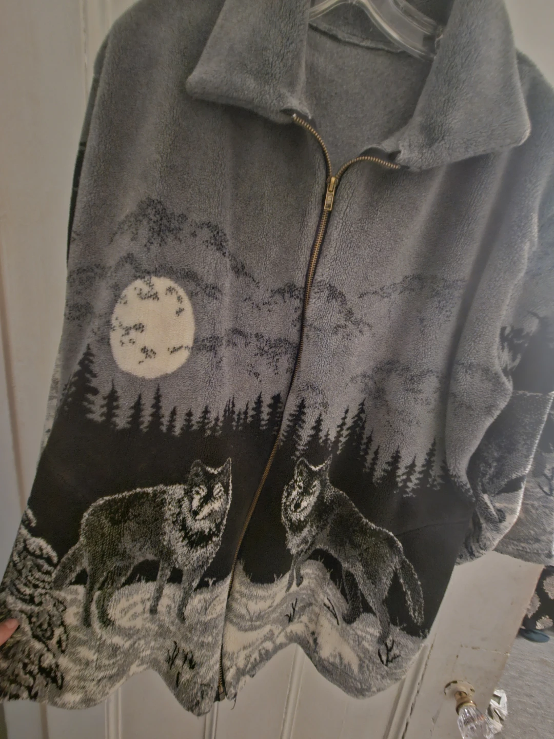 Fleece Wolf and Moon Print Jacket - photo 2