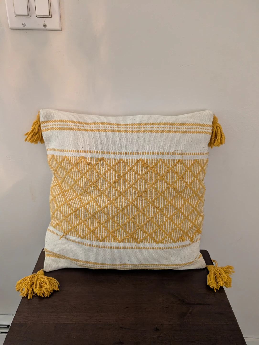 Decorative Throw Pillow with Tassels - Yellow and White