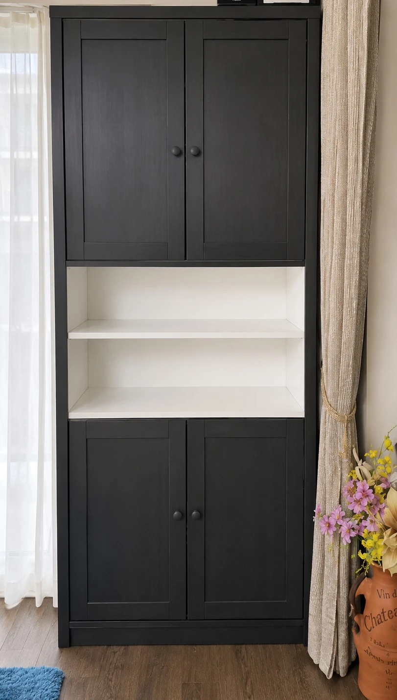 Black Tall Cabinet with Shelves and Doors