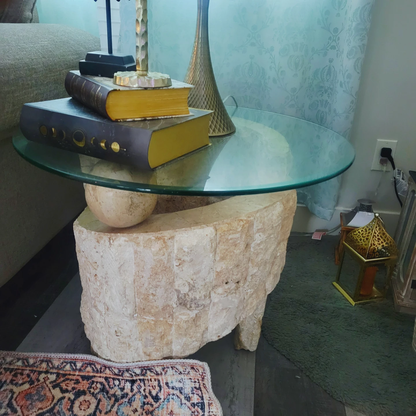 Glass Top Side Table with Unique Stone Base