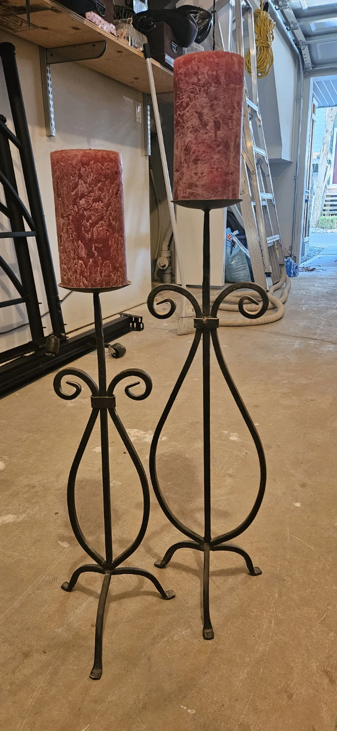 Set of 2 Black Metal Tall Candelabras with Red Pillar Candles