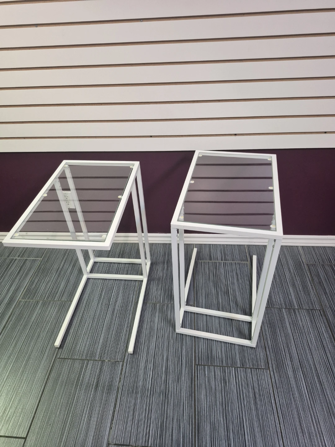 2 White Metal Frame Glass Top Ikea laptop stands/ End Tables