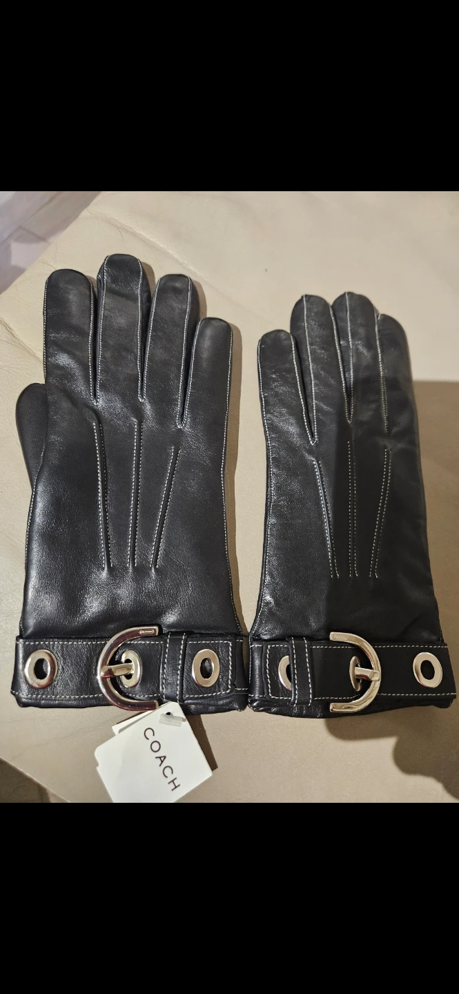 Coach Black Leather Gloves with Buckle Detail