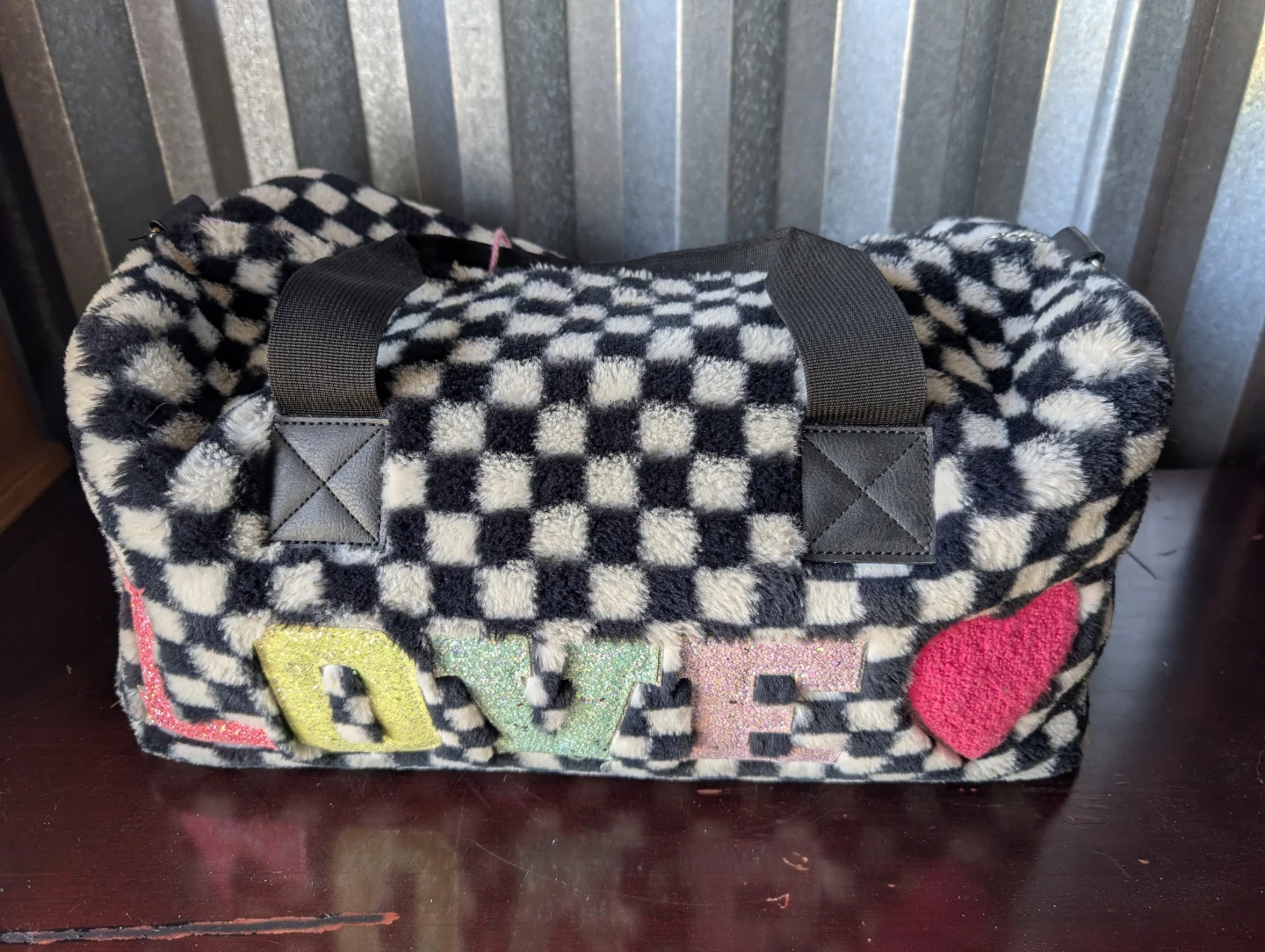 Miss Queeny OMG Faux Fur Checkerboard Duffel Bag