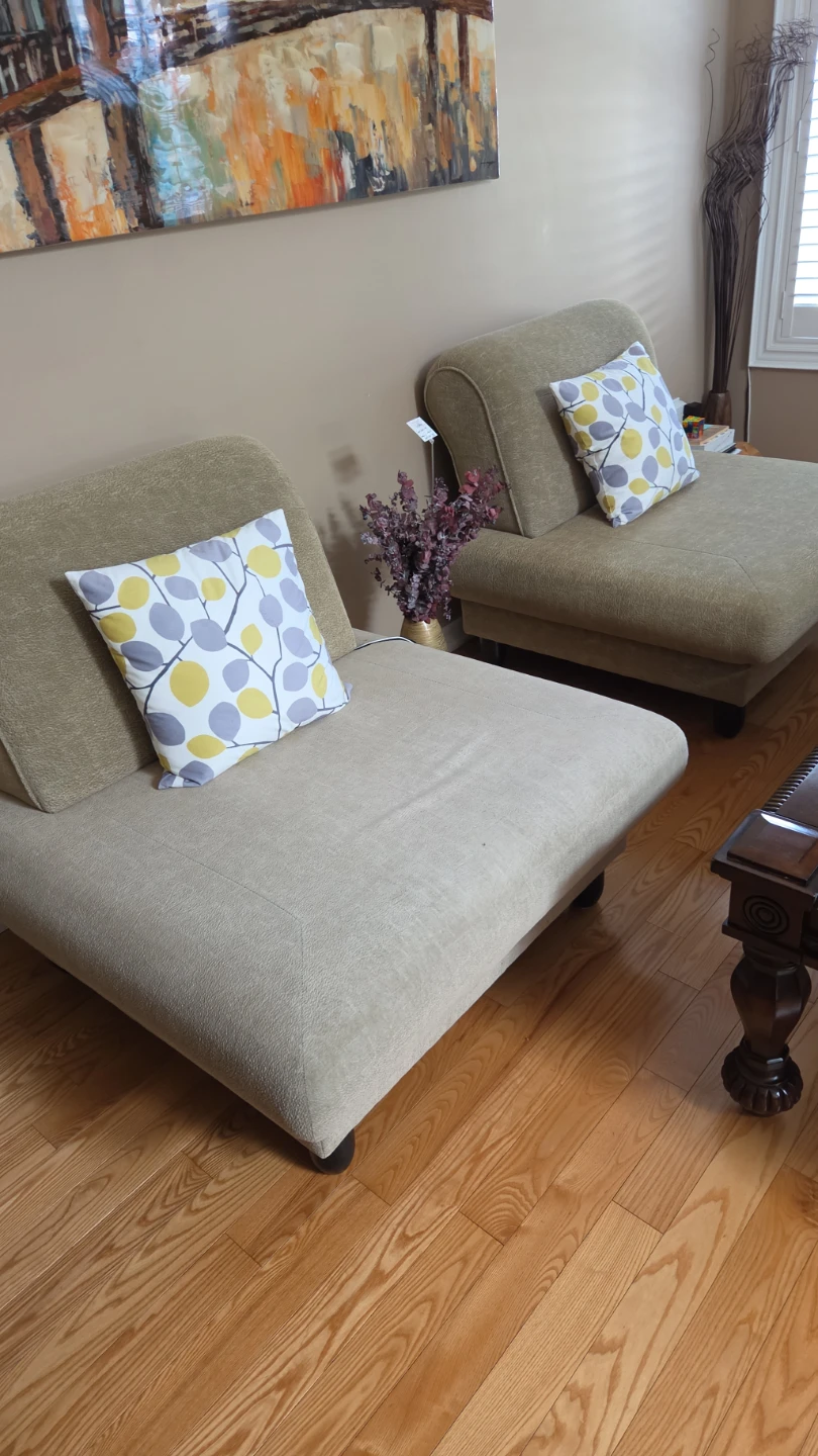 Two beige lounge chairs with decorative pillows - photo 2