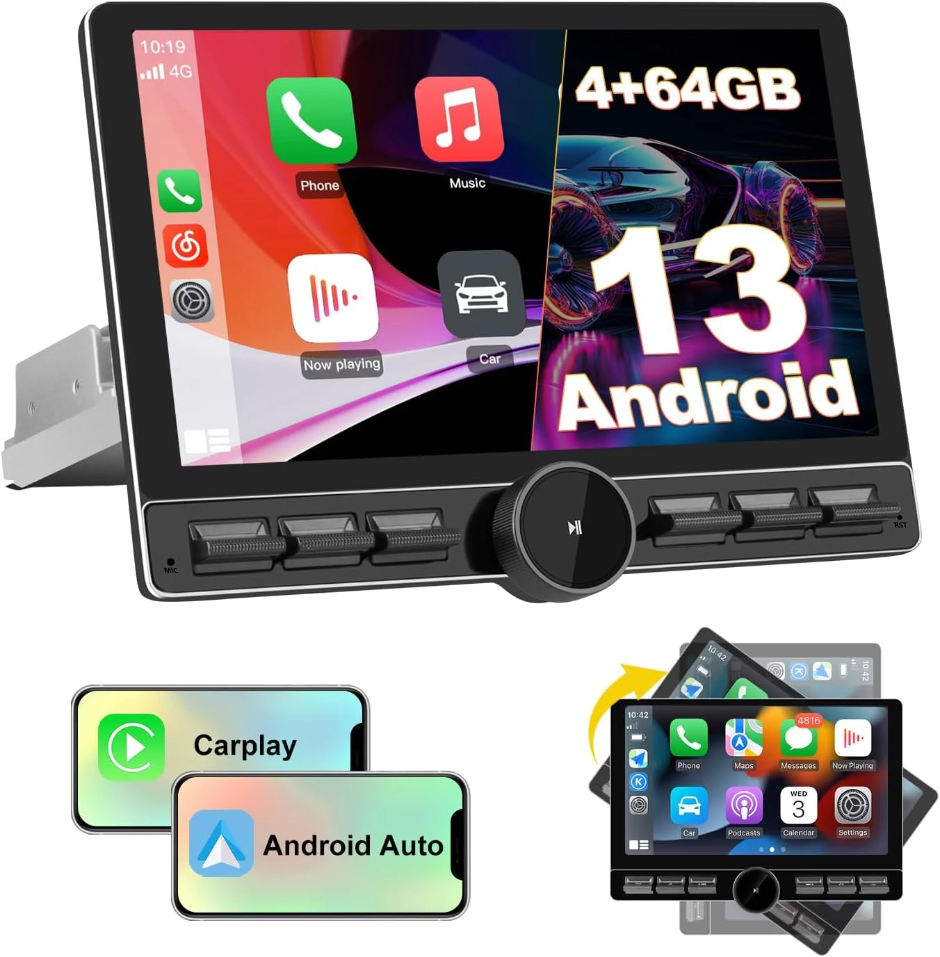 Single Din Car Radio with Wireless CarPlay & Android Auto