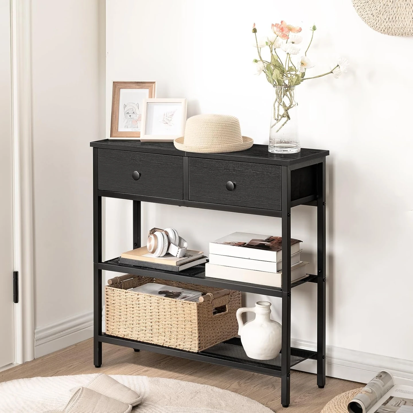 HOOBRO Narrow Console Entry Table Shoerack with 2 Fabric Drawers