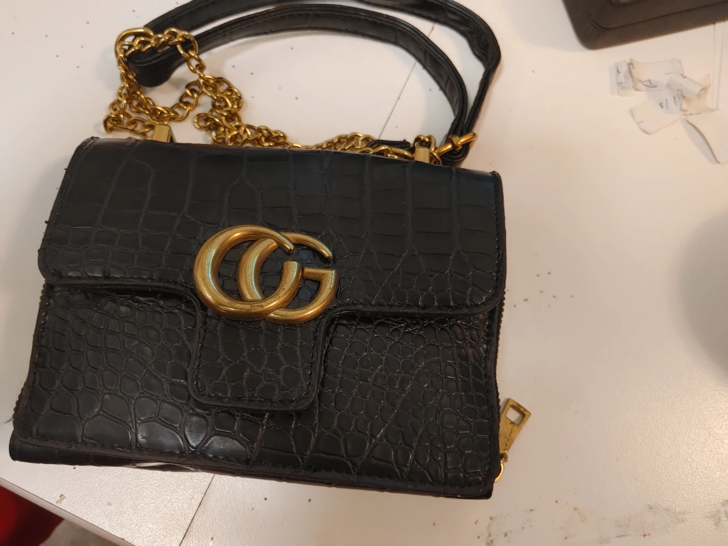 Black Crocodile-Embossed Purse with Gold GG Logo