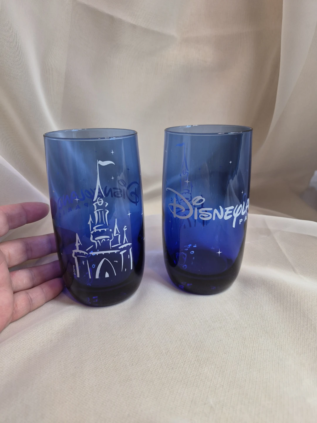Pair of Disneyland Paris Vintage Cobalt Blue Glass Glaases