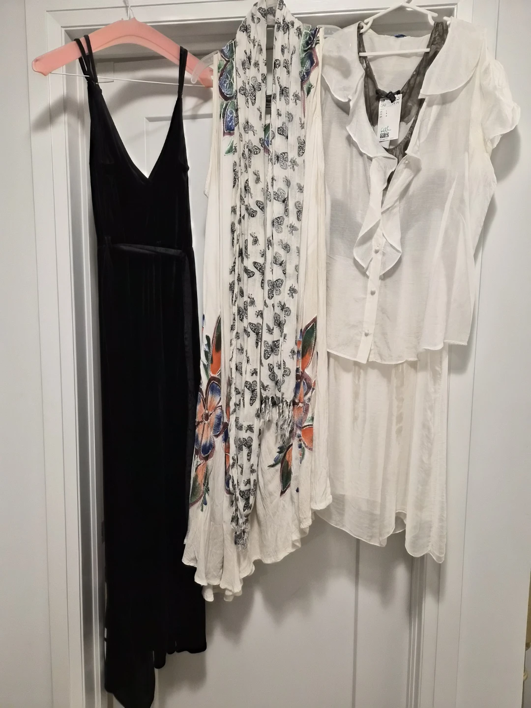 Black Velvet Dress, Butterfly Scarf, and White Blouse Bundle