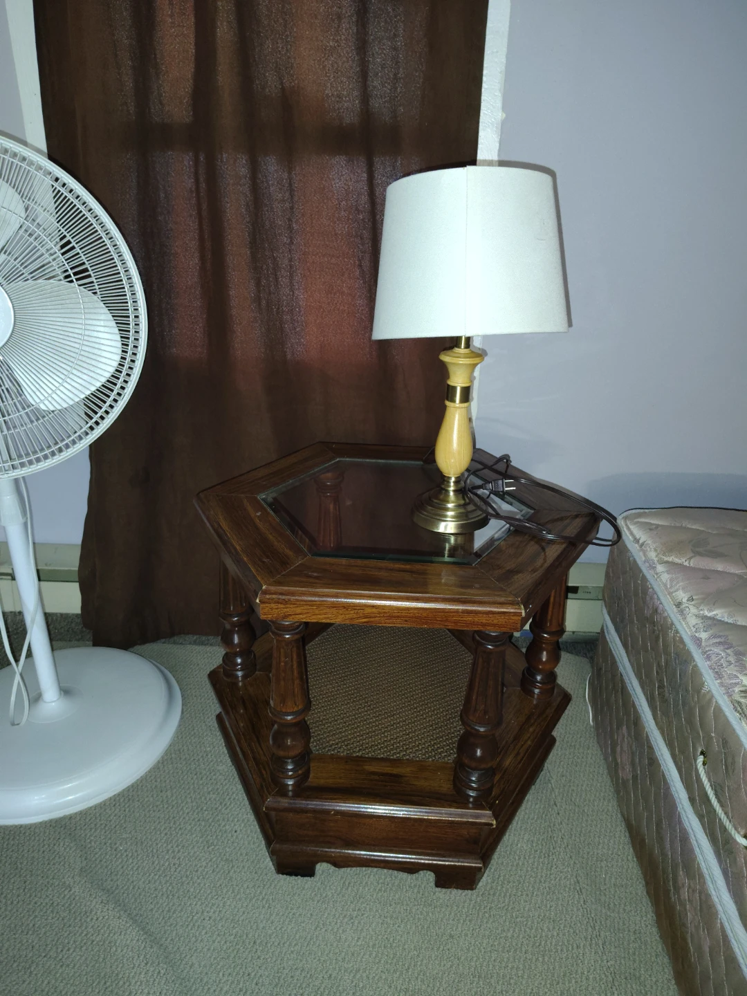 Wooden Hexagonal End Table with Glass Top