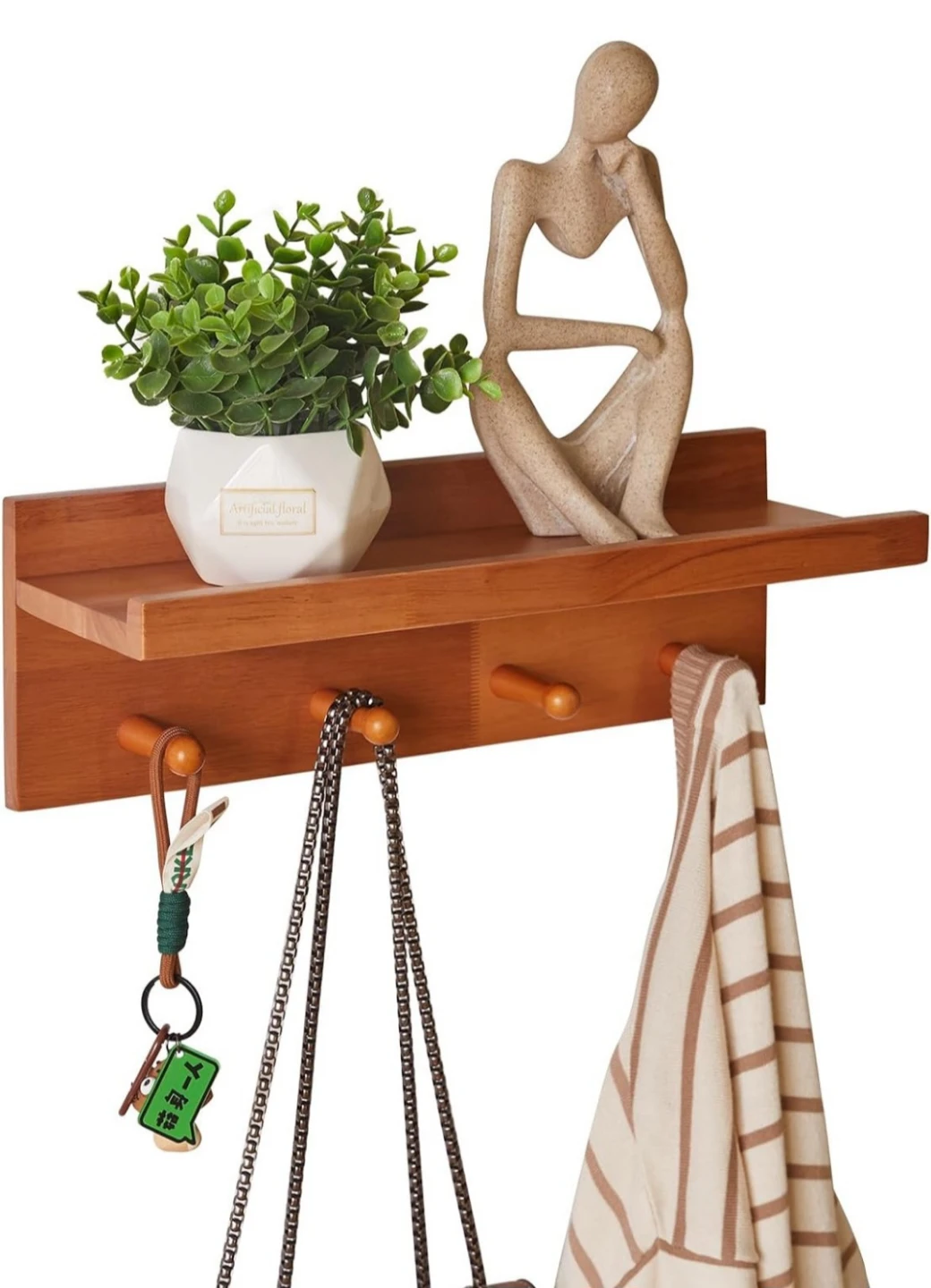 Wooden Wall Shelf with Hooks