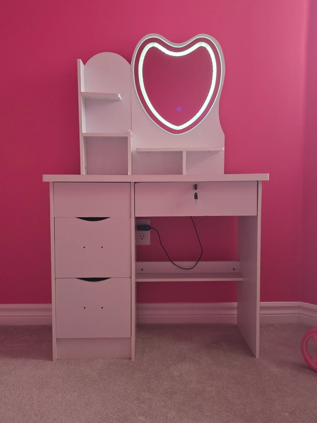 White Vanity Desk with Heart Mirror and LED Light