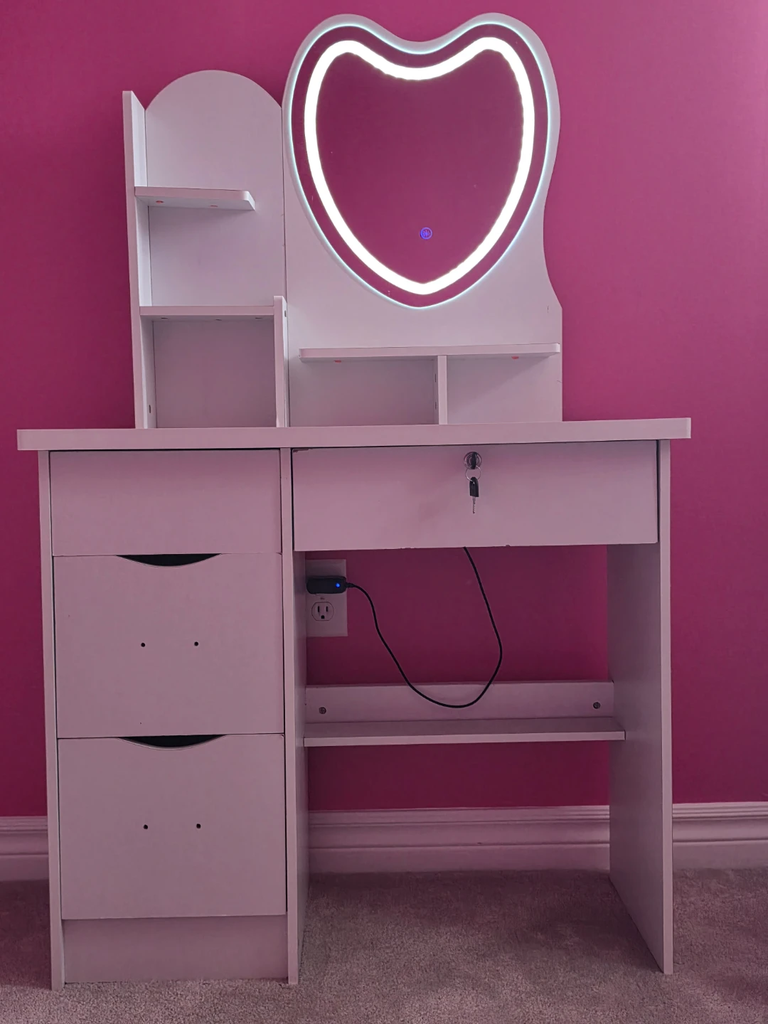 White Vanity Desk with Heart Mirror and LED Light - photo 2