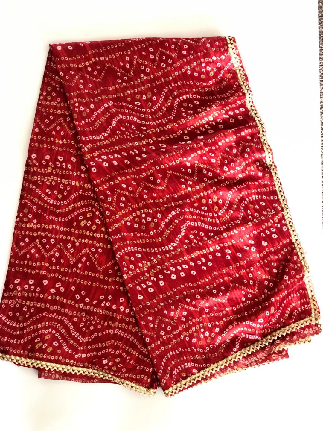 Red Bandhani Print Dupatta with Gold Trim