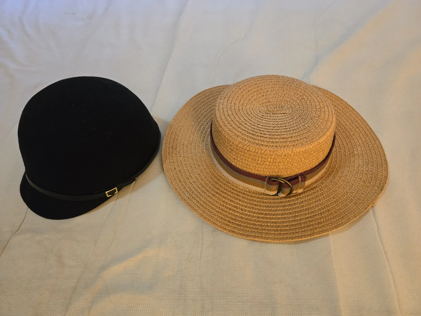 Black Riding Helmet and Straw Sun Hat