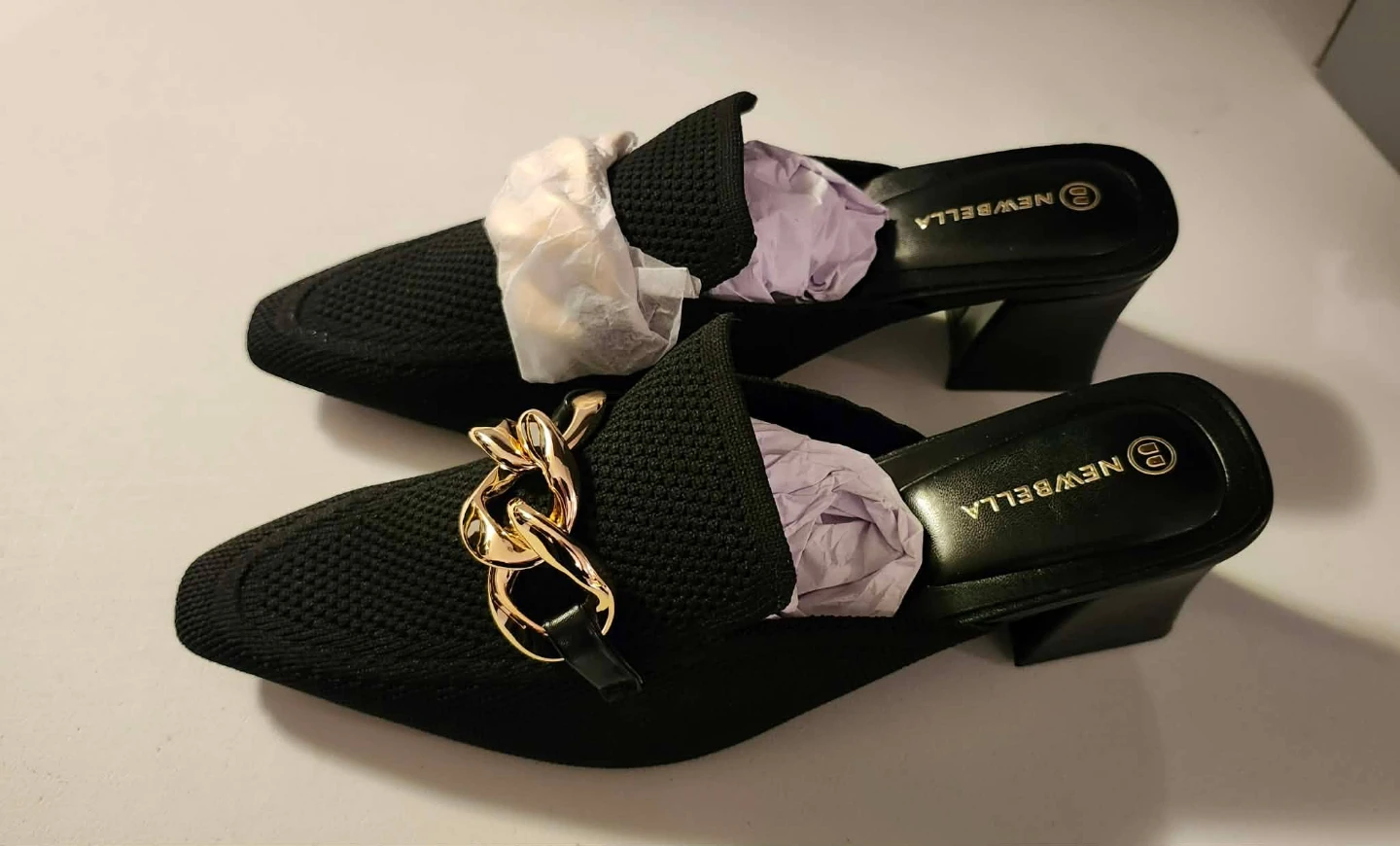 NEWBELLA Black Mules with Gold Chain Detail