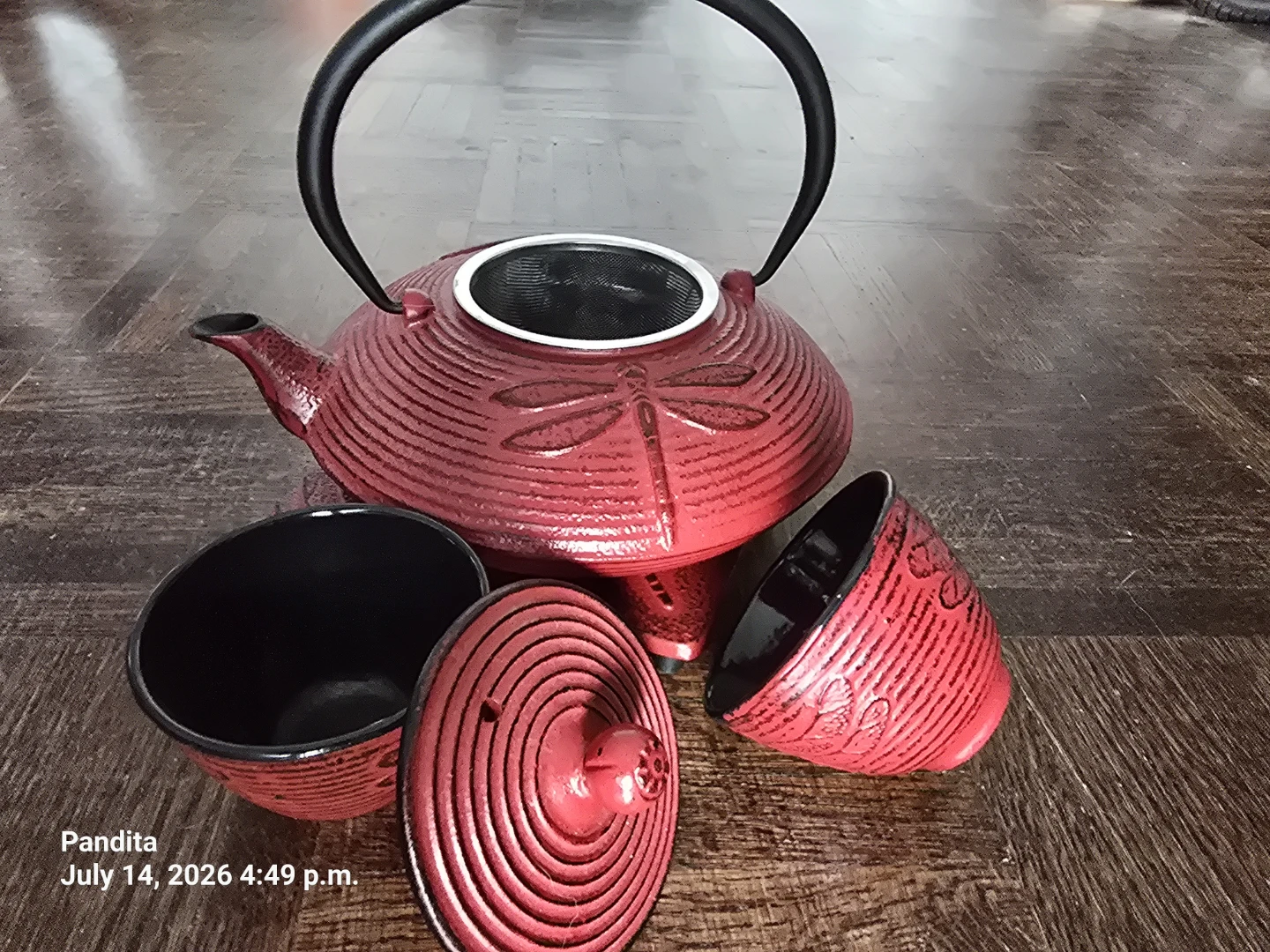 Red Cast Iron Teapot Set with Dragonfly Design - photo 3