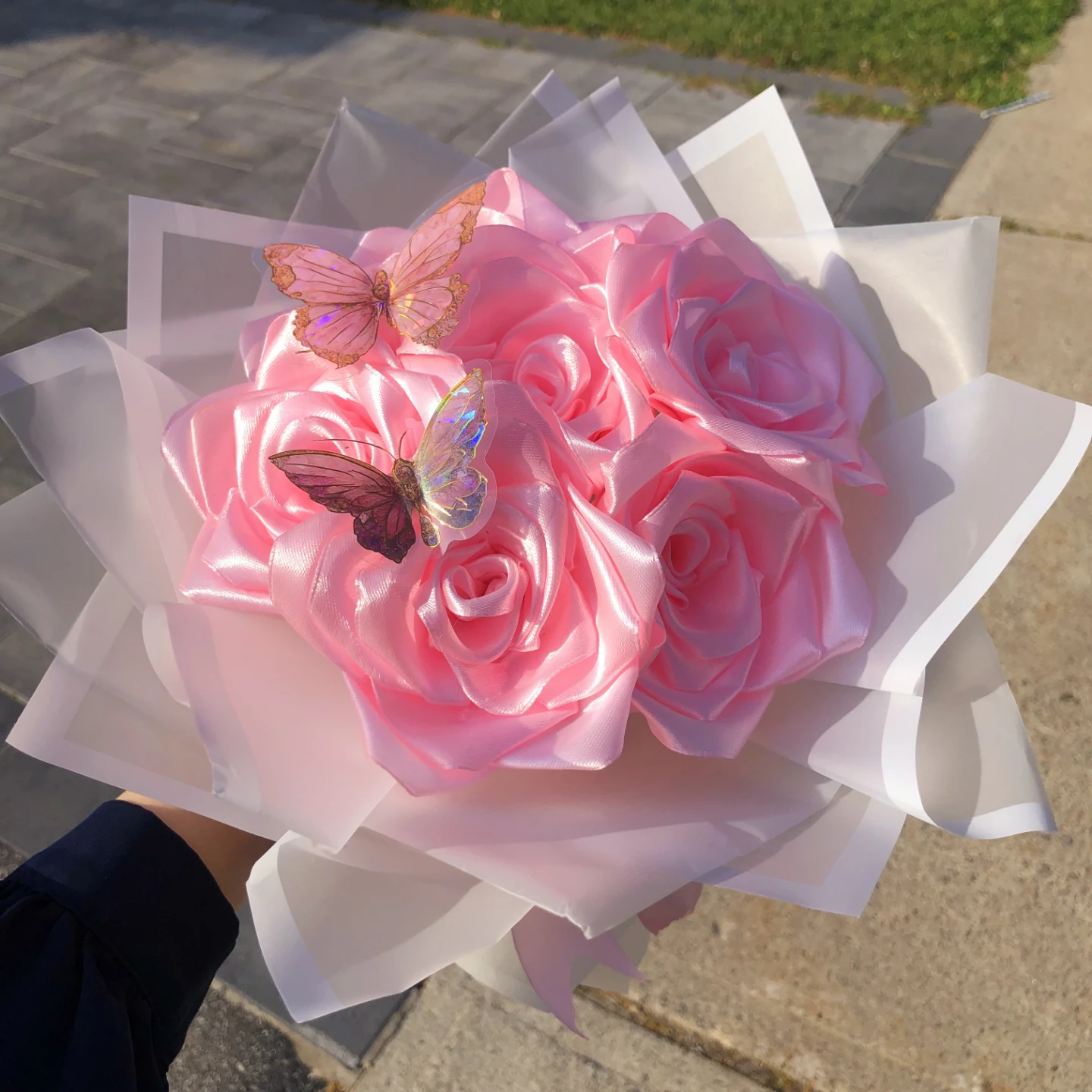 Pink Satin Rose Bouquet with Butterflies