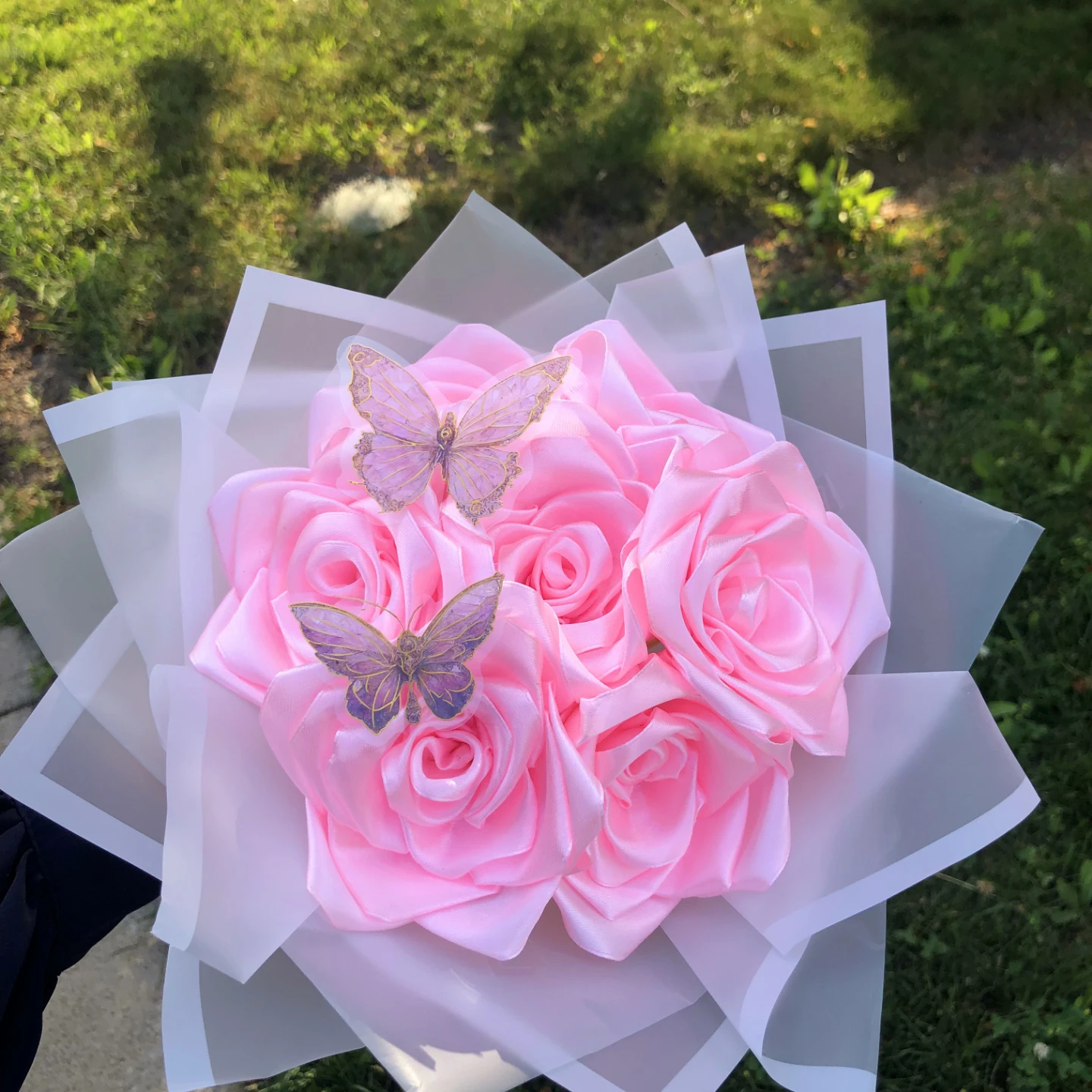 Pink Satin Rose Bouquet with Butterflies - photo 2