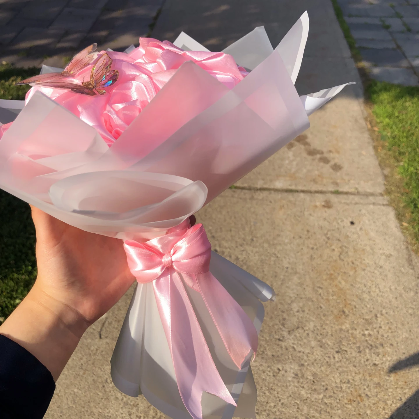 Pink Satin Rose Bouquet with Butterflies - photo 3