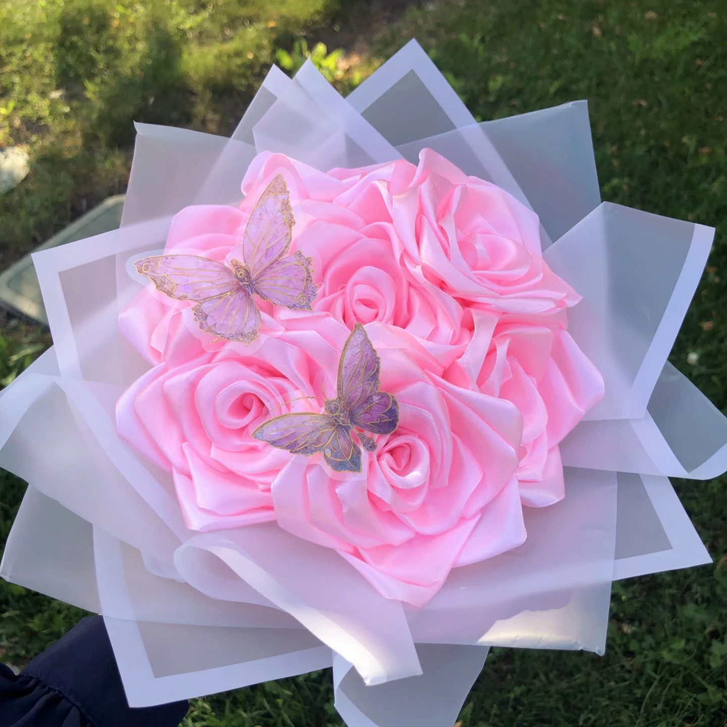 Pink Satin Rose Bouquet with Butterflies - photo 4