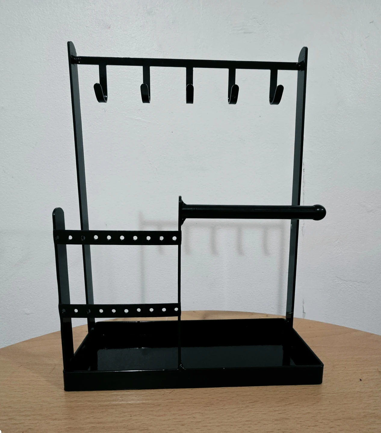 Black Metal Jewelry Organizer With Tray Base and Hooks