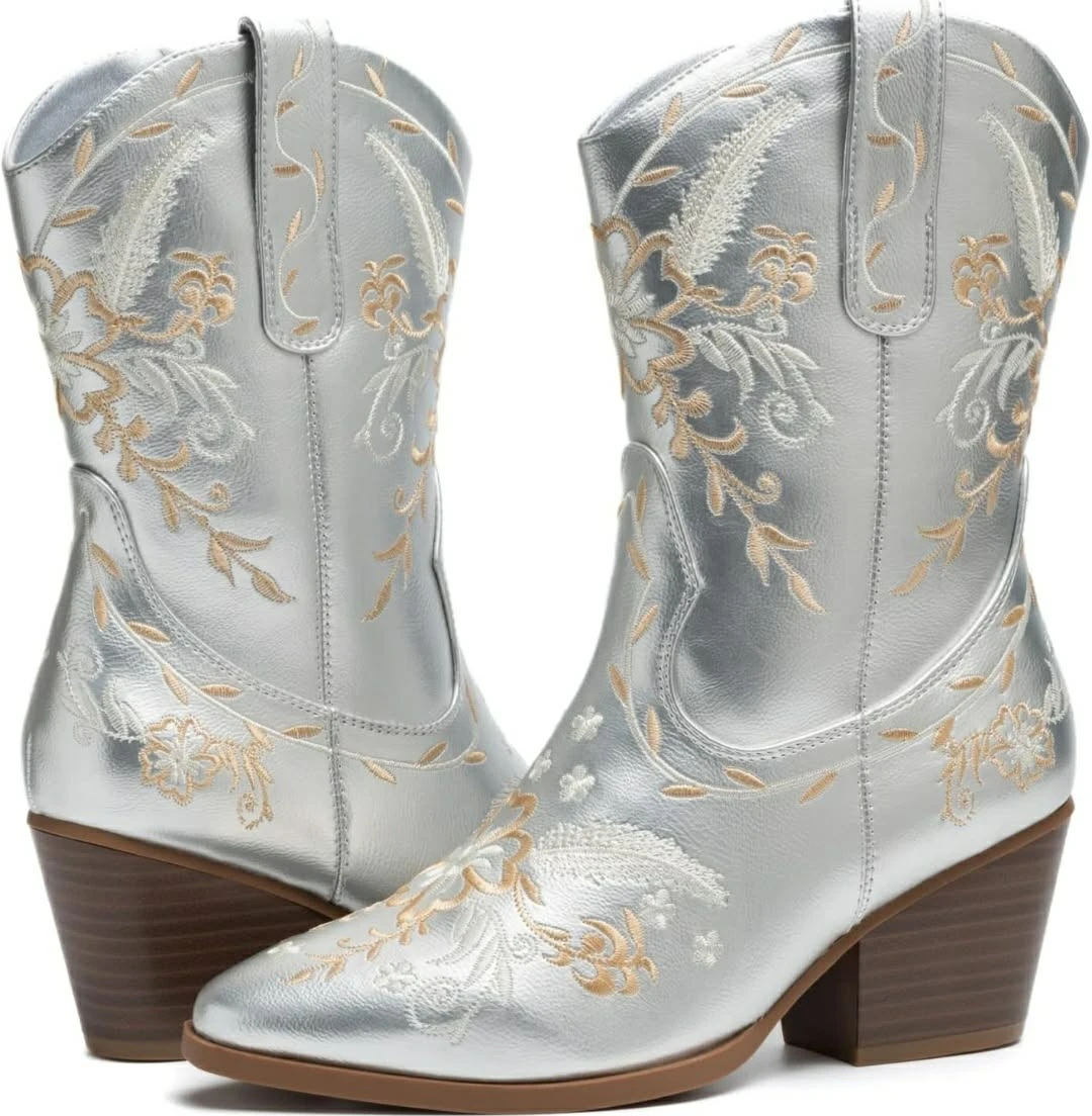 Women's Silver Embroidered Cowboy Boots