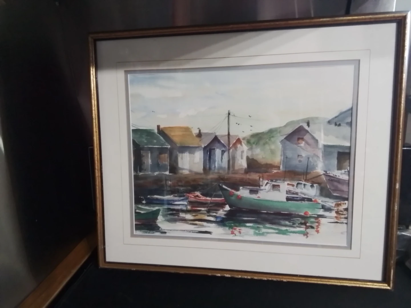 Framed Watercolour Painting of Boats in Harbour by Cafnaski.