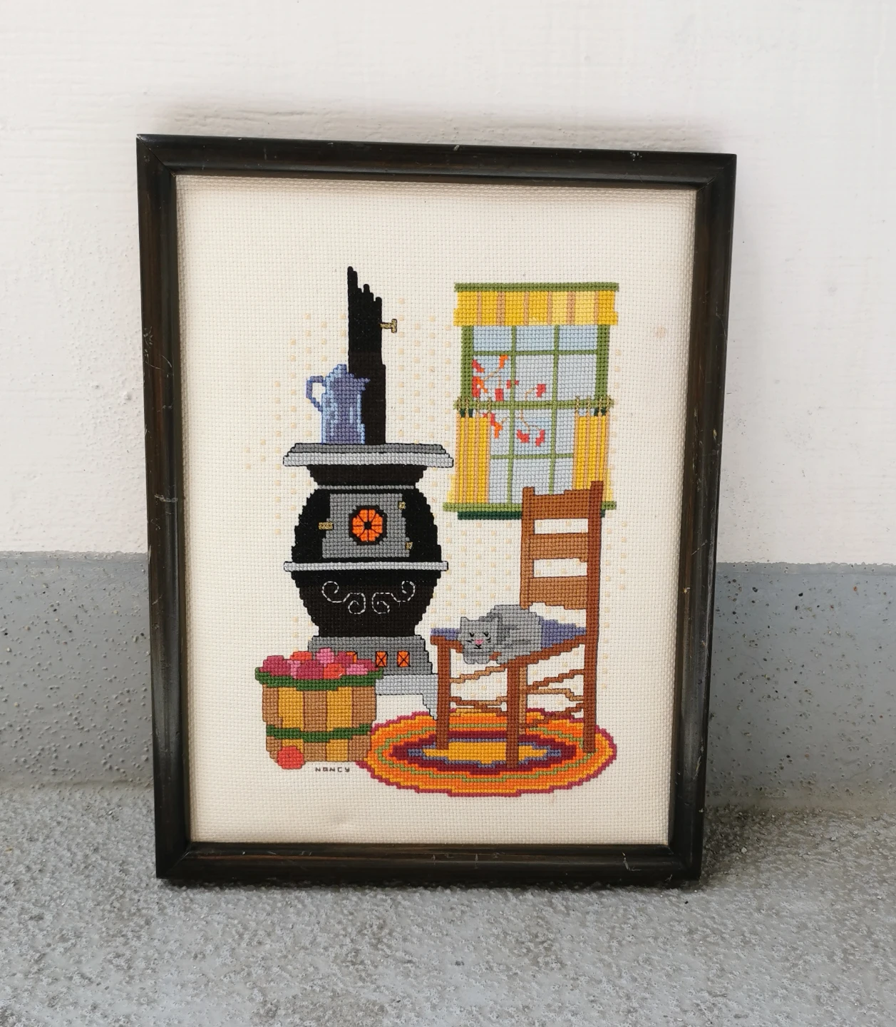Vintage Cross Stitch Cat Cottage Scene