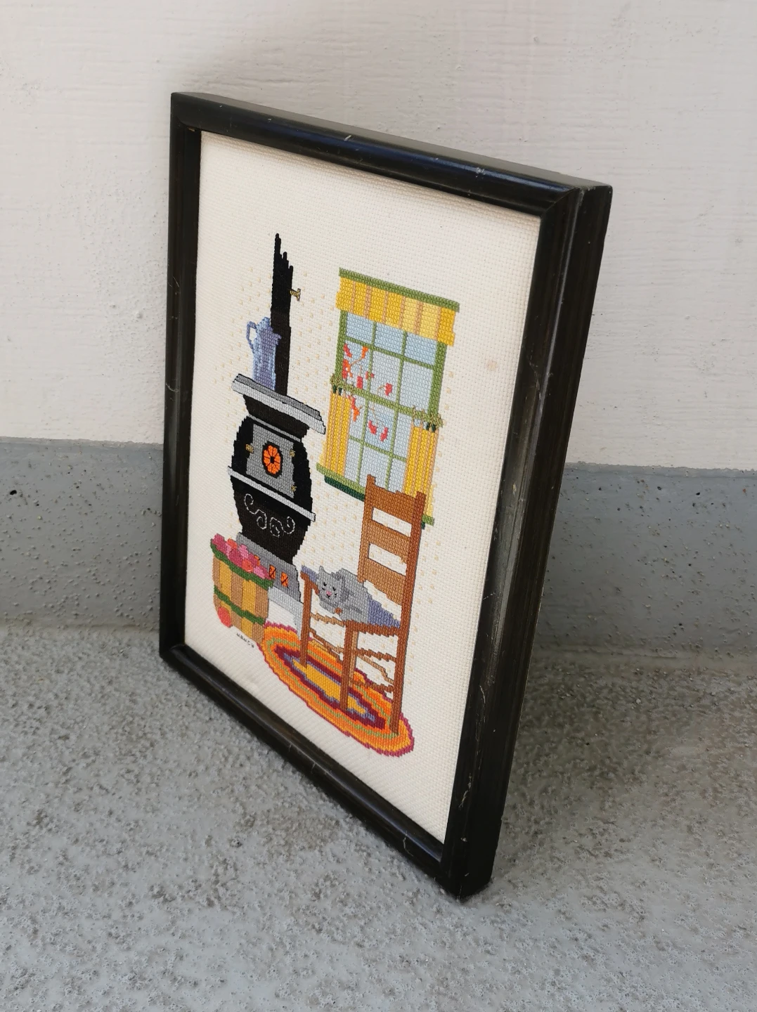 Vintage Cross Stitch Cat Cottage Scene - photo 2