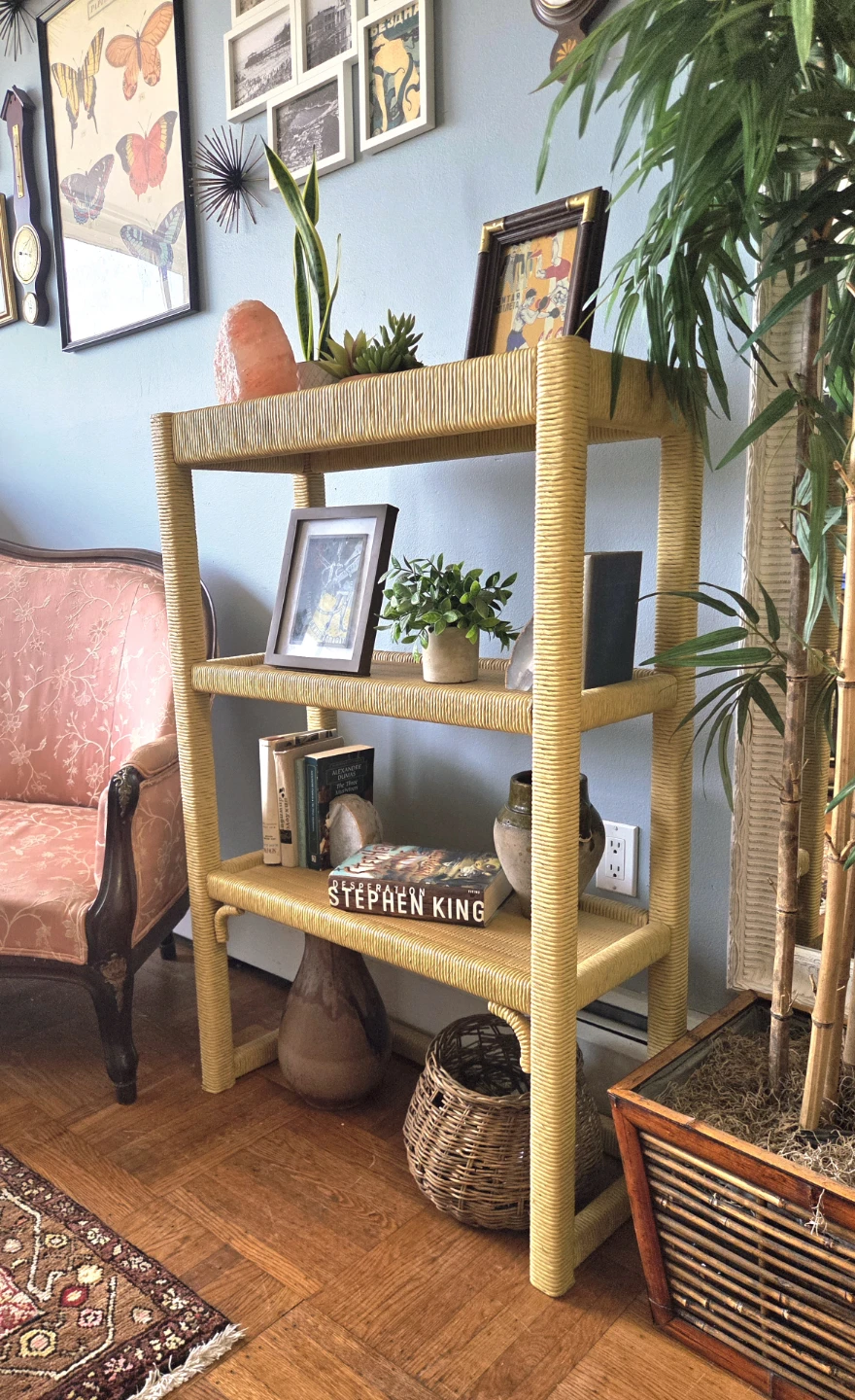 Vintage Slim Three Tier Solid Wood Construction  Rattan Bookcase