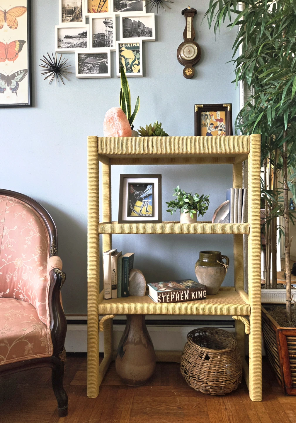Vintage Slim Three Tier Solid Wood Construction  Rattan Bookcase - photo 2