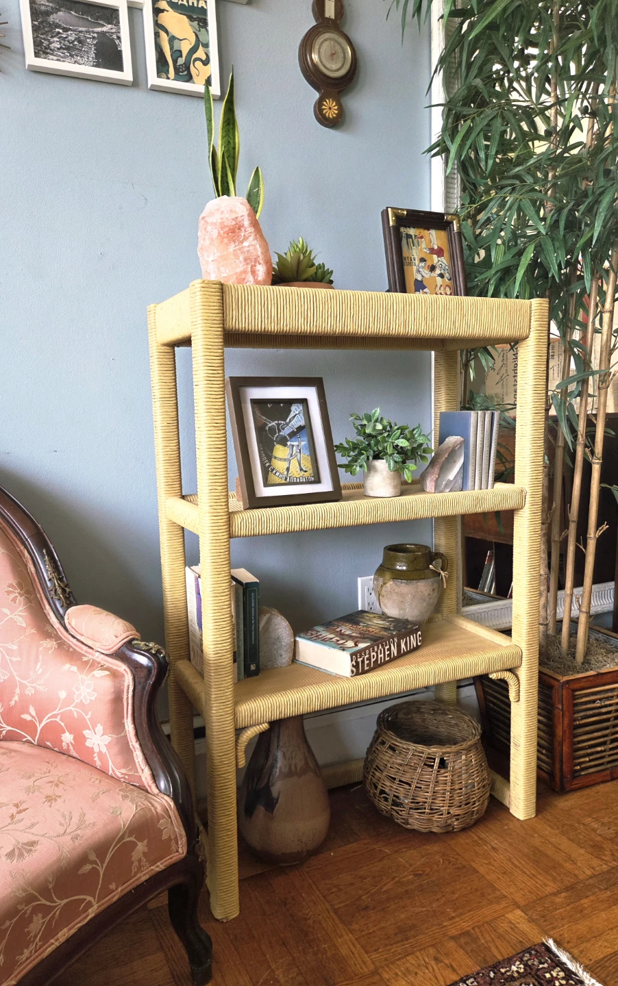 Vintage Slim Three Tier Solid Wood Construction  Rattan Bookcase - photo 4